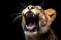 Close-up portrait of roaring lion with open mouth showing sharp fangs and teeth against dark background. Dramatic lighting highlights facial features and whiskers.