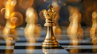 Golden chess king piece on board with soft bokeh lights creating magical atmosphere, symbolizing leadership and strategic victory in business competition.