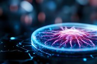 Glowing bioluminescent jellyfish with pink and blue colors floating in dark water, macro photography showing intricate tentacle details and ethereal lighting effects.