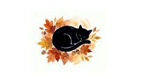 Black cat sleeping on autumn leaves, isolated on white background, suitable for fall-themed designs, t-shirts, and seasonal clipart projects.