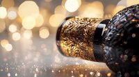 Ornate golden camera lens with bokeh light effects and sparkles against dark background creates magical photography atmosphere. Professional equipment closeup.