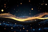 Abstract glowing golden wave with sparkling particles and bokeh lights flowing on dark background, creating magical atmosphere for festive designs.