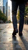Businessman walking on urban sidewalk at sunset with city skyscrapers in background. Professional commute and corporate lifestyle concept.