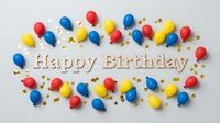 Happy Birthday flat lay with colorful red, blue, and yellow balloons and gold star confetti on white background for greeting cards.