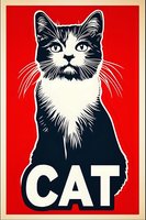 Stylized black and white cat portrait on vibrant red background with bold CAT text, propaganda poster style artwork for wall decor and graphic design projects.
