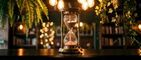 Vintage hourglass with warm golden lighting and bokeh effects in cozy indoor setting with plants and ambient illumination for time management concepts.