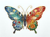 Ornate butterfly with intricate patterned wings in blue, red, and gold tones, isolated on white background, ready for design projects and decorative applications.