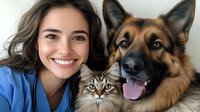 Young Hispanic female veterinarian in blue scrubs smiling with German Shepherd dog and tabby cat in clinic setting for pet care and animal health services.