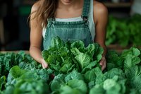 Young woman in green overalls holding fresh cabbage heads in garden, representing sustainable farming and organic produce growing concept.