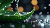 Fresh green leaf with pure water drop falling in macro view against dark background with golden bokeh lights creating serene natural atmosphere.