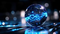Glowing blue energy waves captured inside crystal ball with bokeh background, creating magical atmosphere on reflective surface. Mystical fortune telling concept.