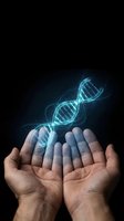 Human hands holding glowing DNA double helix structure representing genetic research, biotechnology innovation and medical science breakthrough.
