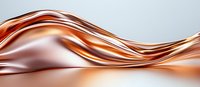 Flowing liquid metal copper waves create dynamic abstract background with smooth glossy curves and reflective metallic surface texture for luxury design projects.