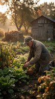 Senior farmer harvesting fresh vegetables in rustic garden during golden hour sunset with wooden barn and trees in background for organic farming content.