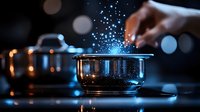 Magical cooking moment with sparkles and blue light effects over metal pot on dark background, dramatic kitchen photography with bokeh lights.