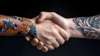 Close-up of handshake between two tattooed arms showing colorful Japanese style sleeve tattoo and black and grey floral design against dark background.