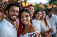 Happy Hispanic couple celebrating at traditional Mexican festival with colorful decorations and festive atmosphere in background.