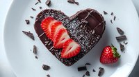 Heart shaped dark chocolate dessert decorated with fresh sliced strawberries and chocolate shavings on white plate, romantic sweet treat for Valentine's Day celebration.