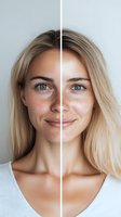 Split face portrait of young Caucasian woman with blonde hair and blue eyes showing skin before and after beauty treatment, natural freckles and makeup-free look.