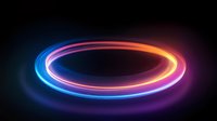 Glowing neon ring with vibrant gradient colors from blue to pink and orange, floating in dark space creating futuristic light trail effect on black background.