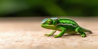 Green chameleon with bright eye walking on textured surface against blurred natural background, detailed scales and expressive features in macro photography.