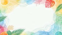 Tropical summer frame with palm leaves, sun rays and colorful watercolor elements on light background for vacation designs and seasonal projects.