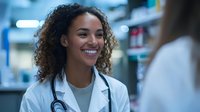 Young African American female doctor with curly hair and stethoscope smiling warmly during conversation with colleague in medical office setting. Healthcare professional at work.