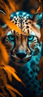 Close-up portrait of cheetah face with intense turquoise eyes through orange autumn leaves, dramatic lighting and color manipulation creates mysterious atmosphere.