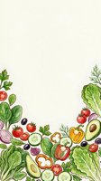 Assorted fresh vegetables arranged on cream background with lettuce, tomatoes, peppers, avocado, cucumber, onion and herbs for healthy eating, nutrition, cooking and recipe design projects.