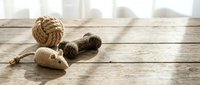 Natural jute rope ball and cork mouse toys for cats on rustic wooden floor with soft sunlight creating playful pet accessory scene for feline entertainment.