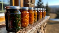 Row of colorful homemade preserves and pickled vegetables in glass mason jars lined up on rustic wooden shelf with warm natural lighting for pantry storage.