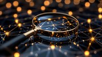 Magnifying glass over glowing network connections on dark background with golden bokeh lights, representing data analysis and digital investigation.