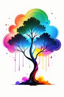 Rainbow colored tree silhouette with dripping paint effect against white background, featuring vibrant spectrum colors and artistic watercolor splashes.