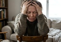 Stressed elderly Caucasian woman holding head in hands showing mental health struggles, depression, anxiety, headache pain in cozy home interior setting.