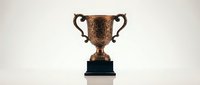 Bronze trophy cup with ornate handles on dark base against neutral background for awards ceremonies and achievement recognition.