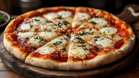Fresh Margherita pizza with melted mozzarella, tomato sauce, and basil leaves on wooden serving board, close-up view showing crispy crust and bubbling cheese.