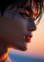 Side profile of Asian woman with wet hair against sunset light, dramatic orange glow on skin, purple lipstick, and water droplets creating sensual beauty portrait.