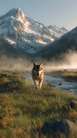 Wolf walking through misty valley meadow with snow-capped mountain peak and stream at sunrise, suitable for wildlife, nature, and adventure design projects.
