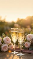 Two crystal champagne flutes filled with sparkling wine on wooden table with pink roses during golden hour sunset for romantic celebration or wedding toast.
