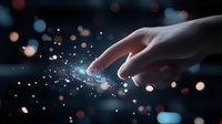 Mystical finger touch with glowing particles and bokeh lights creating magical effect against dark background. Digital transformation concept.