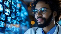 Young African American male doctor with curly hair and glasses analyzing medical brain scans on digital monitors in modern healthcare facility.