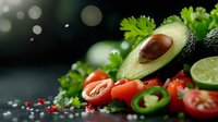 Fresh ingredients for Mexican cuisine with sliced avocado, cherry tomatoes, jalapeno peppers, lime and cilantro on dark background with bokeh effect and salt crystals.