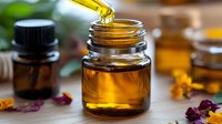 Amber essential oil drops falling into glass bottle, surrounded by dried flowers and aromatherapy ingredients in warm natural lighting, wellness concept.