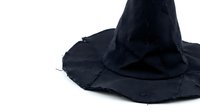 Black witch hat with torn fabric edges isolated on white background for Halloween costume party decorations and spooky holiday designs.