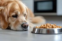 Golden retriever lying on floor next to full metal bowl of dry dog food, looking sad and uninterested in eating. Close up view showing expressive eyes and facial features.