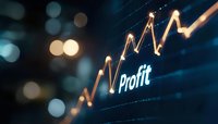 Glowing profit text with rising financial graph line chart on dark background with bokeh lights, representing business growth and success in stock market.