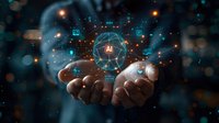 Cupped hands holding glowing AI sphere with connected digital icons and network nodes floating in dark space, illuminated by ethereal blue light and bokeh effects.