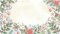Festive floral frame with pink flowers, evergreen branches, ornaments and stars on cream background, ideal for holiday cards, invitations and seasonal designs.