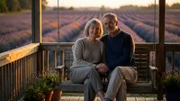 Happy senior couple sitting on porch swing at sunset overlooking lavender field, retirement lifestyle, golden hour romantic moment, elderly love story.