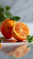 Fresh juicy orange with mint leaves on reflective surface, whole fruit and half cut showing pulp segments in bright natural lighting for food photography.